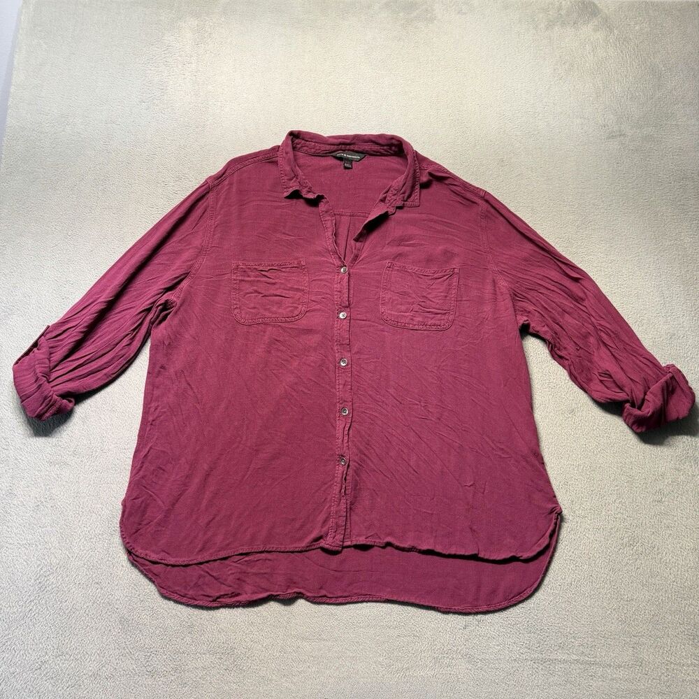 Rock & Republic Women’s XXL Button Up V Neck Shirt Purple Roll Tab Sleeve Blouse